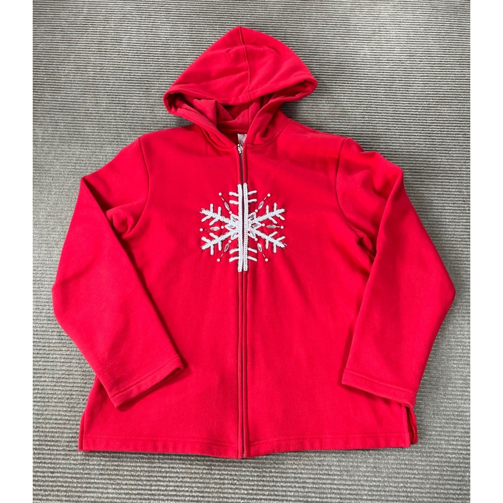 Quacker‎ Factory Womens Red Snowflake Embellished Zip Up Hoodie Sweatshirt M